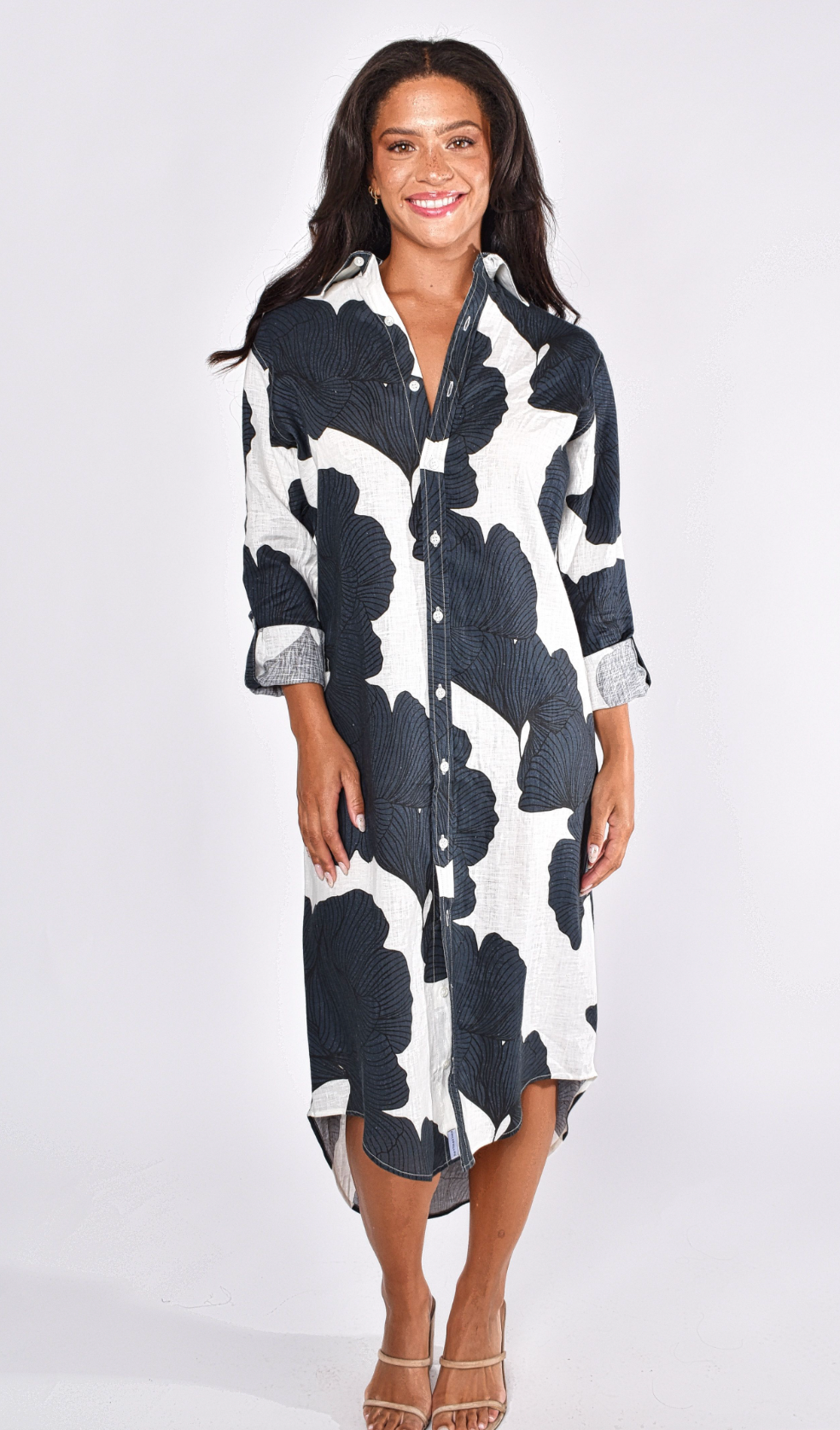 NAVY LEAF GINKGO LINEN GIRLFRIEND MIDI DRESS