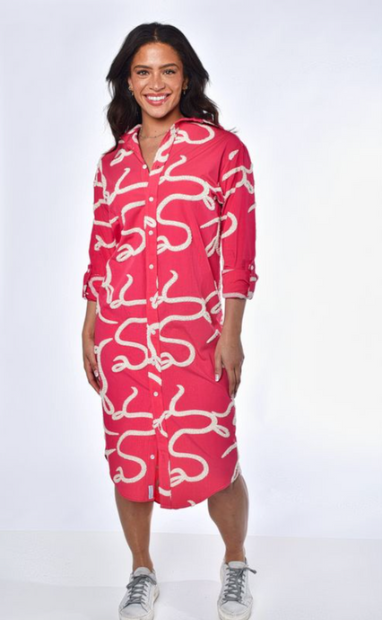 PINK SQUIGGLE COTTON GIRLFRIEND MIDI DRESS