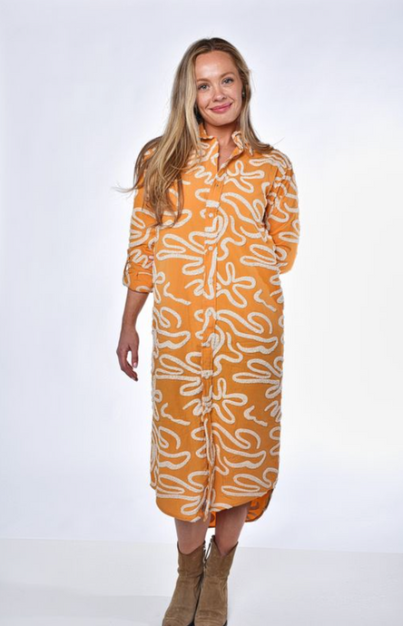 YELLOW AND WHITE SQUIGGLES GIRLFRIEND MIDI DRESS