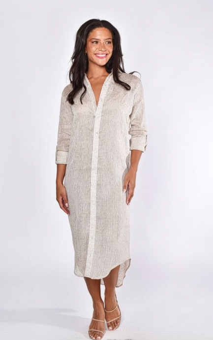KHAKI GOLD DOT LINEN GIRLFRIEND MIDI DRESS