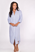 WHITE AND BLUE STRIPED GIRLFRIEND MIDI DRESS