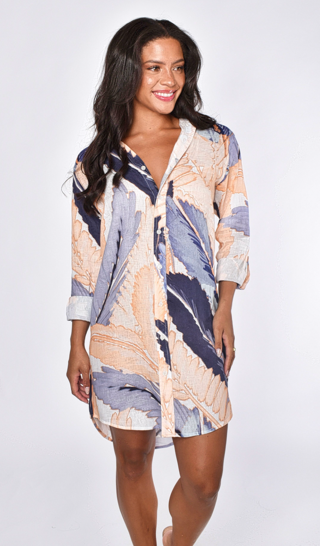 PEACH AND BLUE LEAF LINEN GIRLFRIEND MINI DRESS