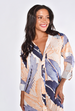 PEACH AND BLUE LEAF LINEN GIRLFRIEND MIDI DRESS