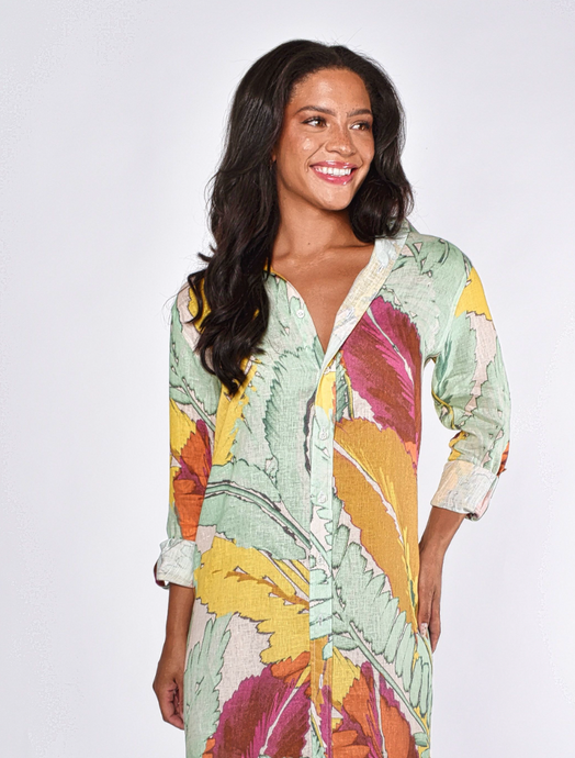 YELLOW AND GREEN LEAF LINEN GIRLFRIEND MIDI DRESS