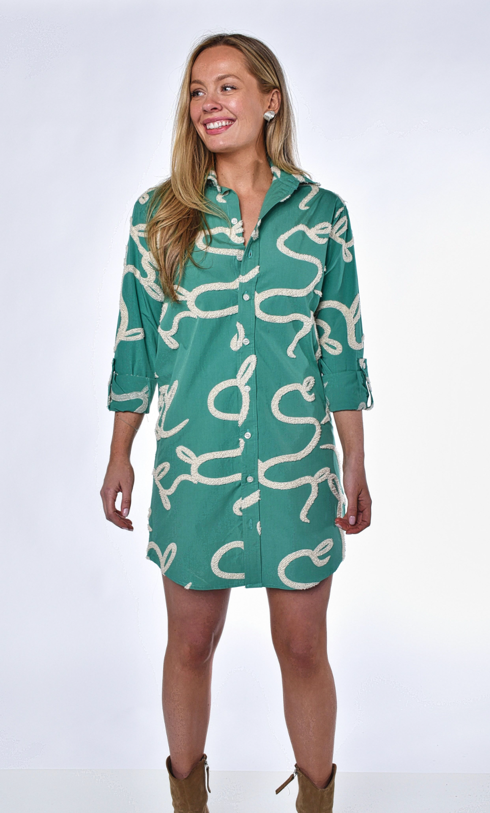 TEAL AND White SQUIGGLE GIRLFRIEND MINI DRESS 5 (L) TEAL AND White SQUIGGLE GIRLFRIEND MINI DRESS 5 (L)