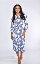 BLUE AND WHITE BIRDS COTTON GIRLFRIEND MIDI DRESS
