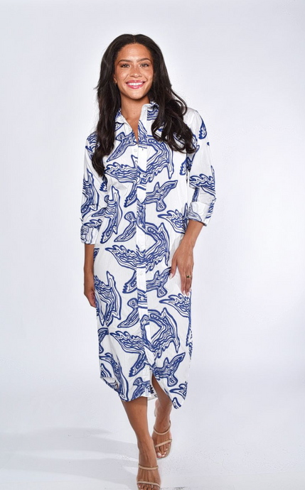 BLUE AND WHITE BIRDS COTTON GIRLFRIEND MIDI DRESS