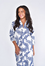 BLUE AND WHITE BIRDS COTTON GIRLFRIEND MIDI DRESS