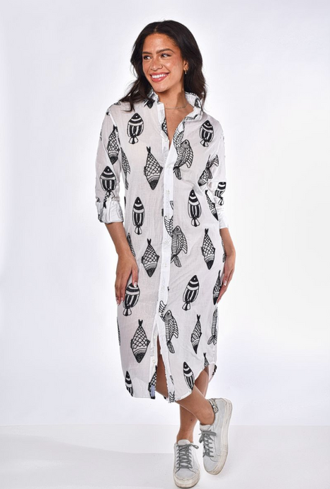 BLACK AND WHITE FISH COTTON GIRLFRIEND MIDI DRESS