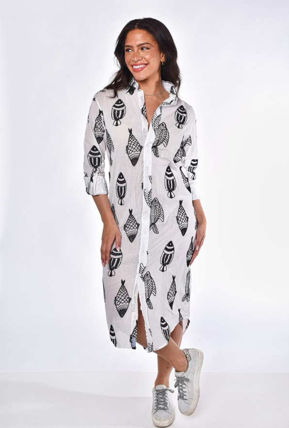 BLACK AND WHITE FISH COTTON GIRLFRIEND MIDI DRESS