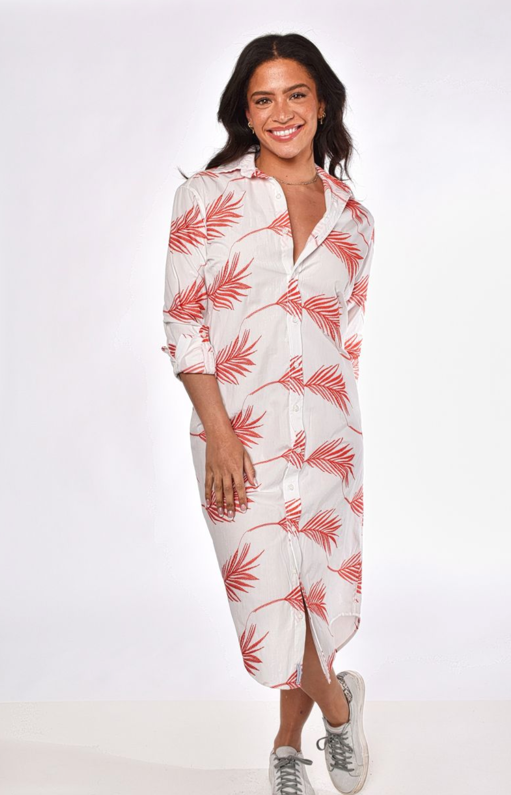 RED AND WHITE LEAF COTTON GIRLFRIEND MIDI DRESS