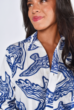 BLUE AND WHITE BIRDS COTTON GIRLFRIEND MIDI DRESS