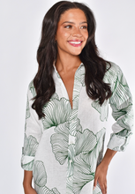 WHITE AND GREEN LEAF GINKGO LINEN GIRLFRIEND MIDI DRESS