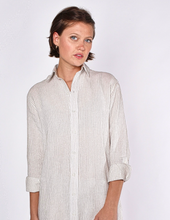 WHITE AND KHAKI STRIPE LINEN GIRLFRIEND MINI DRESS