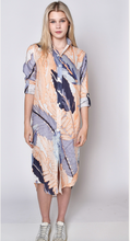 PEACH AND BLUE LEAF LINEN GIRLFRIEND MIDI DRESS