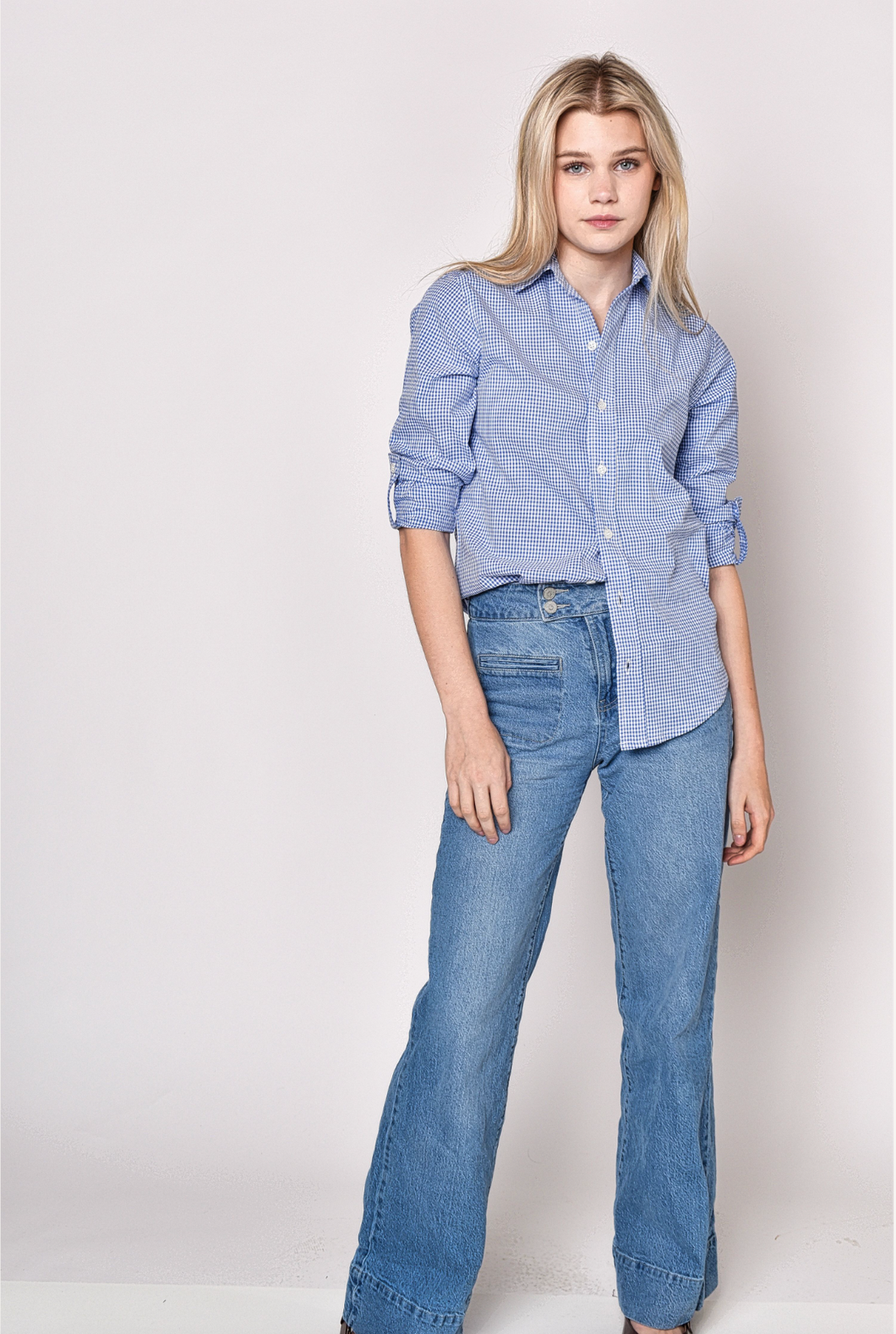 NAVY SEERSUCKER GIRLFRIEND BUTTON DOWN SHIRT