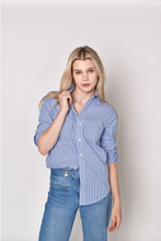 NAVY SEERSUCKER GIRLFRIEND BUTTON DOWN SHIRT