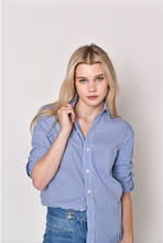 NAVY SEERSUCKER GIRLFRIEND BUTTON DOWN SHIRT