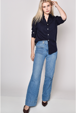 NAVY TENCEL GIRLFRIEND BUTTON DOWN SHIRT