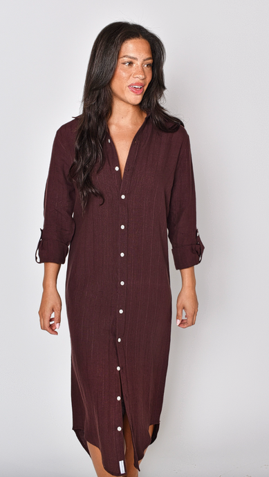 BROWN JACQUARD LINEN GIRLFRIEND MIDI DRESS