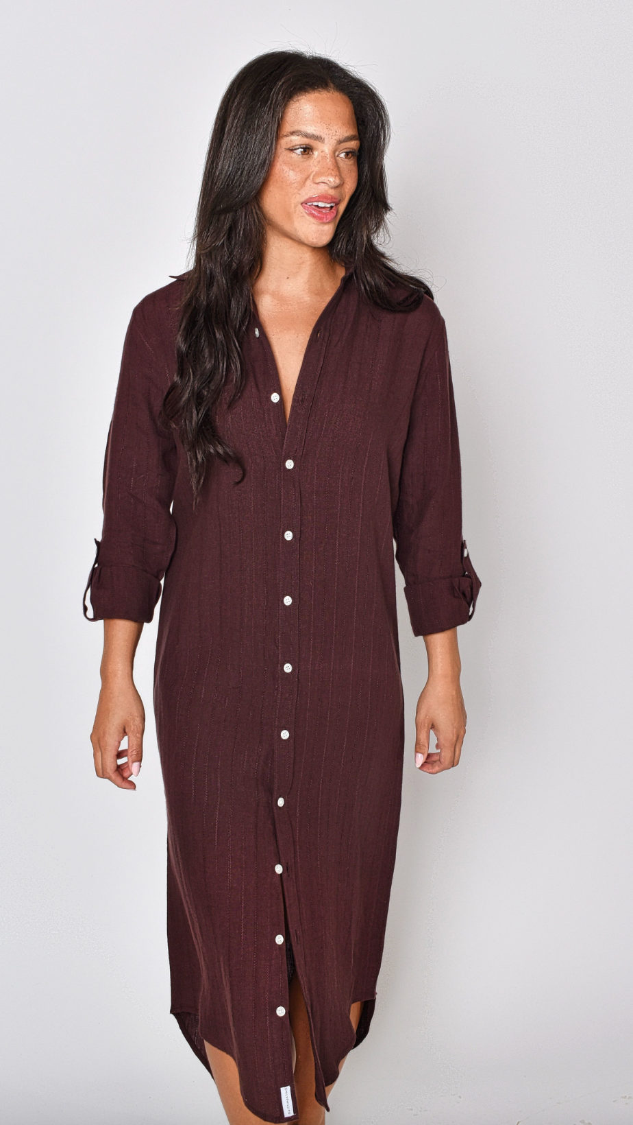 BROWN JACQUARD LINEN GIRLFRIEND MIDI DRESS