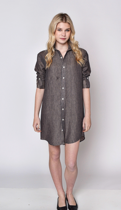 LINEN DENIM/KHAKI STRIPE GIRLFRIEND MINI DRESS