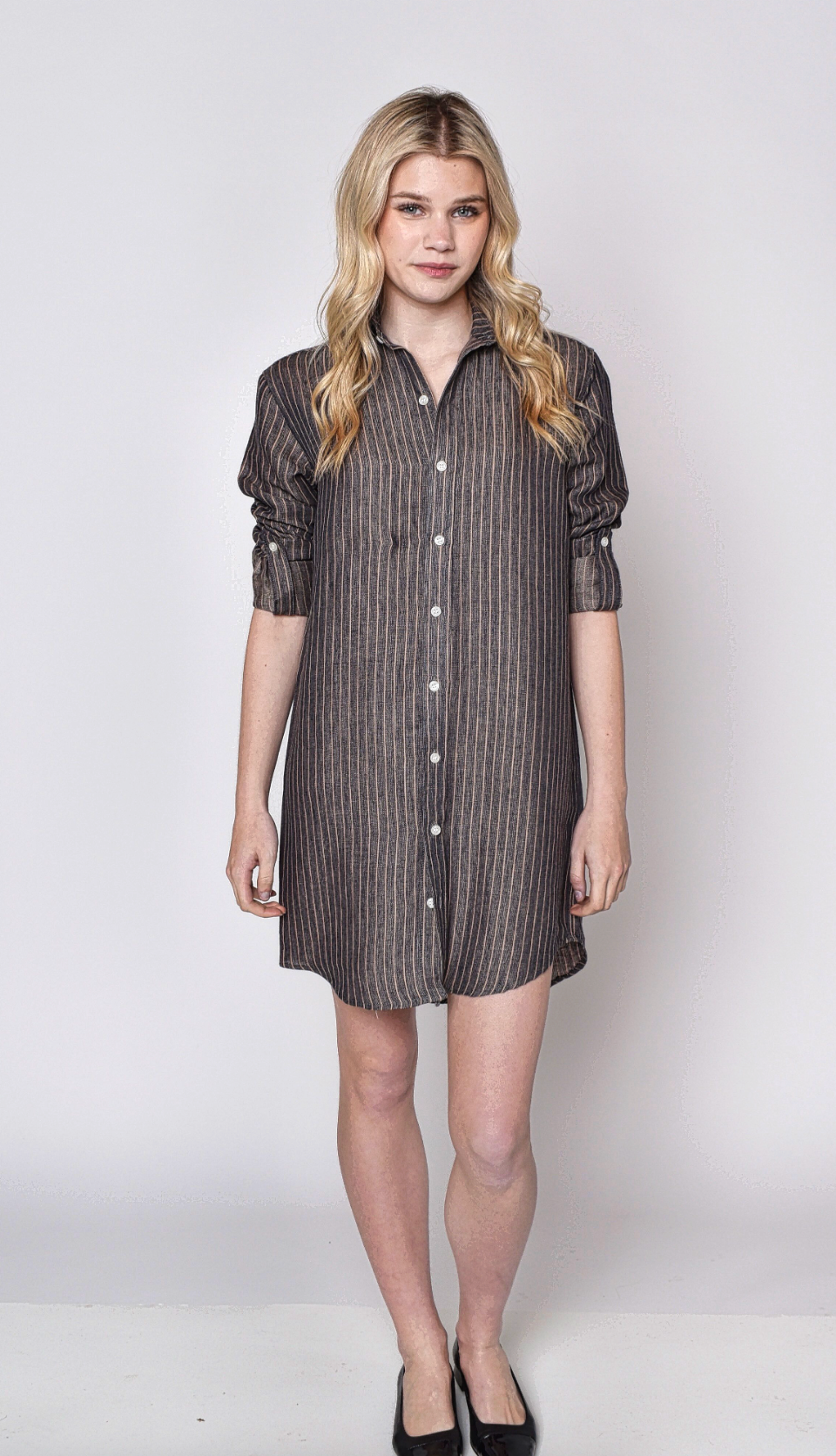 LINEN DENIM/KHAKI STRIPE GIRLFRIEND MINI DRESS