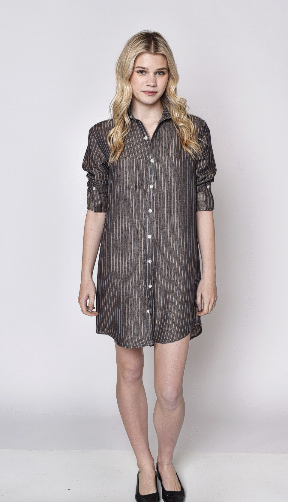 LINEN DENIM/KHAKI STRIPE GIRLFRIEND MINI DRESS 4 (M)
