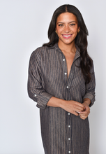 LINEN DENIM/KHAKI STRIPE GIRLFRIEND MIDI DRESS
