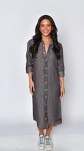 LINEN DENIM/KHAKI STRIPE GIRLFRIEND MIDI DRESS