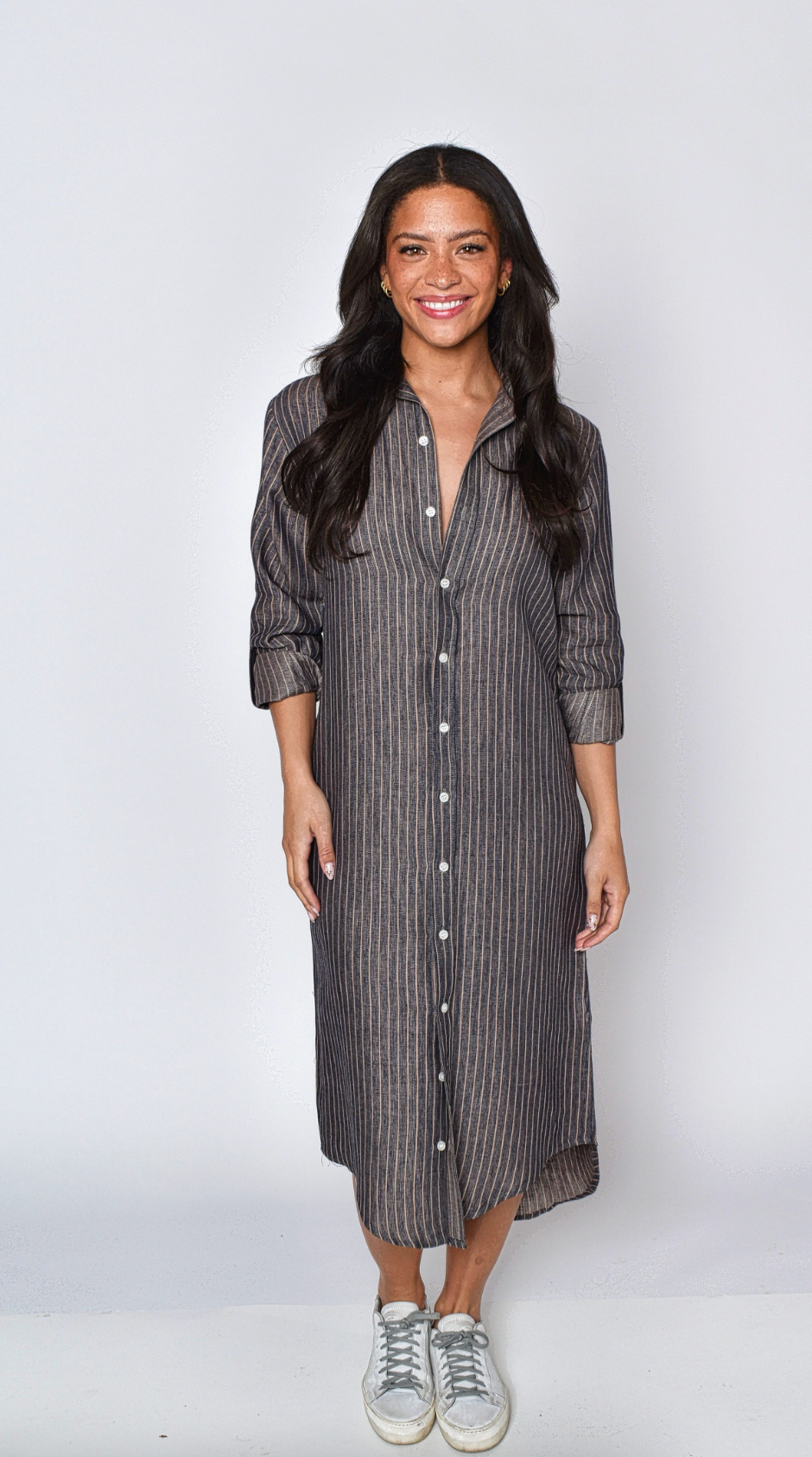 LINEN DENIM/KHAKI STRIPE GIRLFRIEND MIDI DRESS
