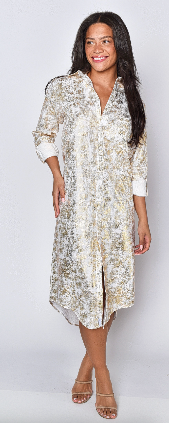 WHITE/GOLD COTTON GIRLFRIEND MIDI DRESS