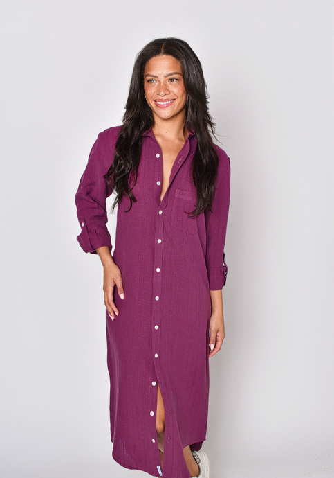 PURPLE JACQUARD LINEN GIRLFRIEND MIDI DRESS