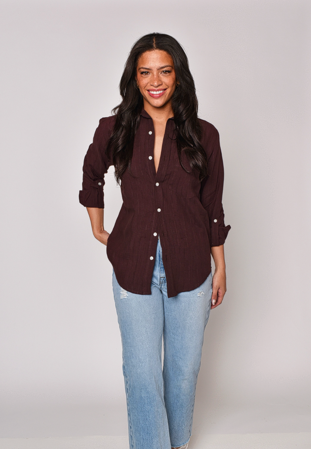 BROWN JACQUARD LINEN GIRLFRIEND SHIRT