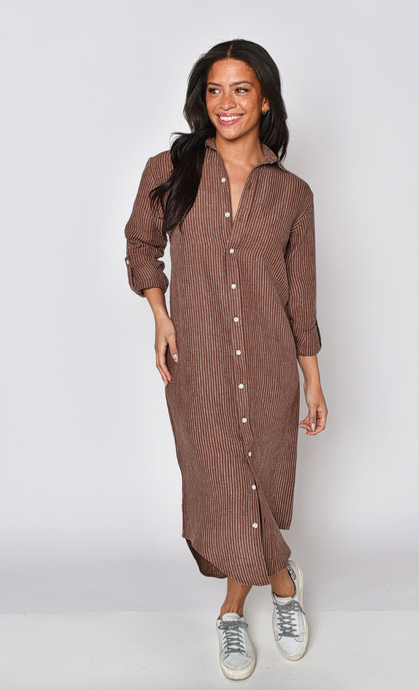 BROWN STRIPE GIRLFRIEND MIDI DRESS