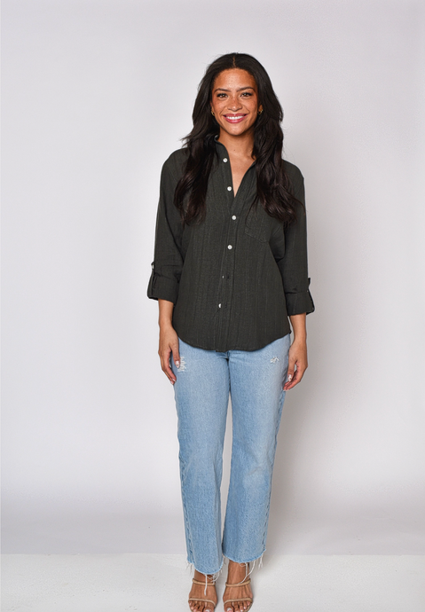 OLIVE GREEN JACQUARD LINEN GIRLFRIEND SHIRT