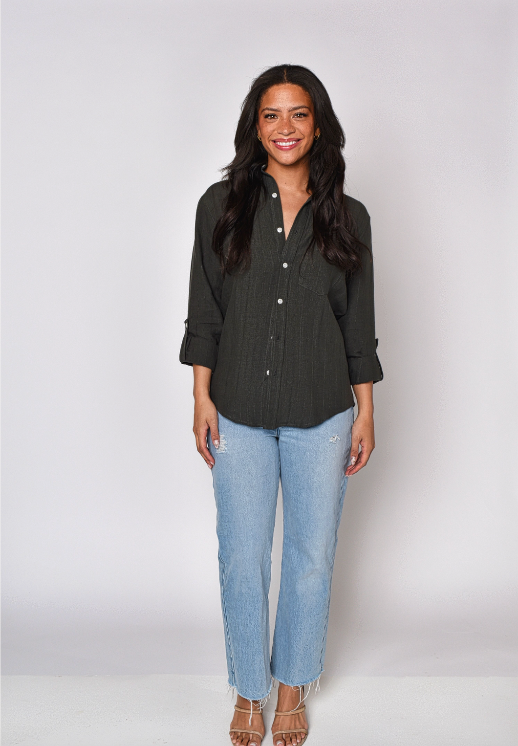 OLIVE GREEN JACQUARD LINEN GIRLFRIEND SHIRT
