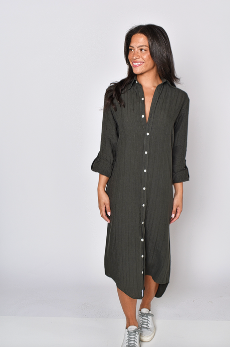 OLIVE GREEN JACQUARD LINEN GIRLFRIEND MIDI DRESS