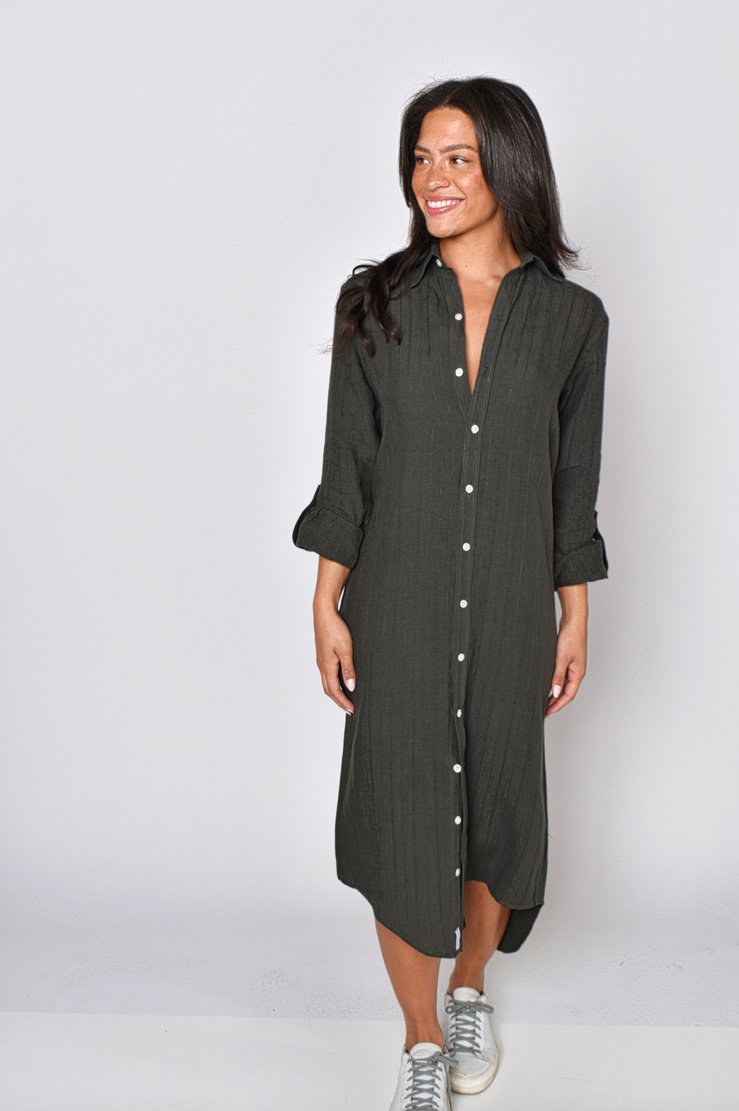 OLIVE GREEN JACQUARD LINEN GIRLFRIEND MIDI DRESS