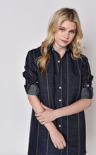 DENIM AND BROWN STRIPE GIRLFRIEND MIDI DRESS