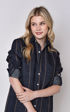 DENIM AND BROWN STRIPE GIRLFRIEND MIDI DRESS