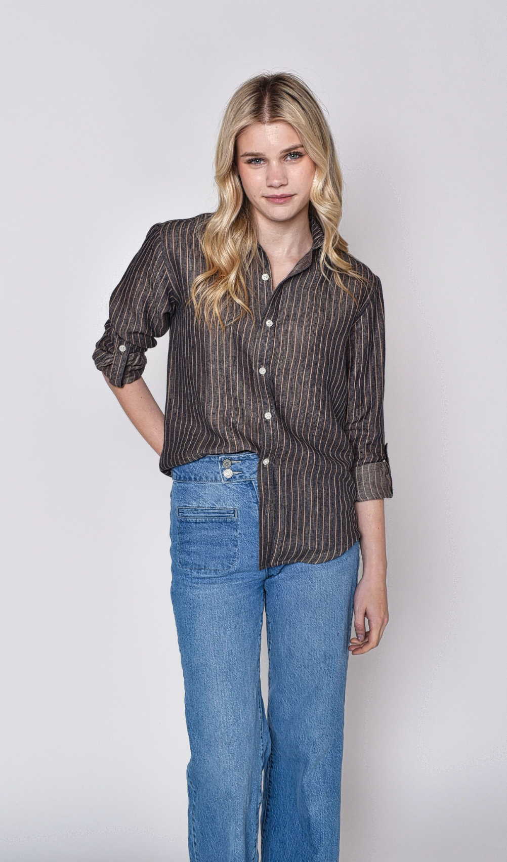 LINEN DENIM/KHAKI STRIPE GIRLFRIEND SHIRT