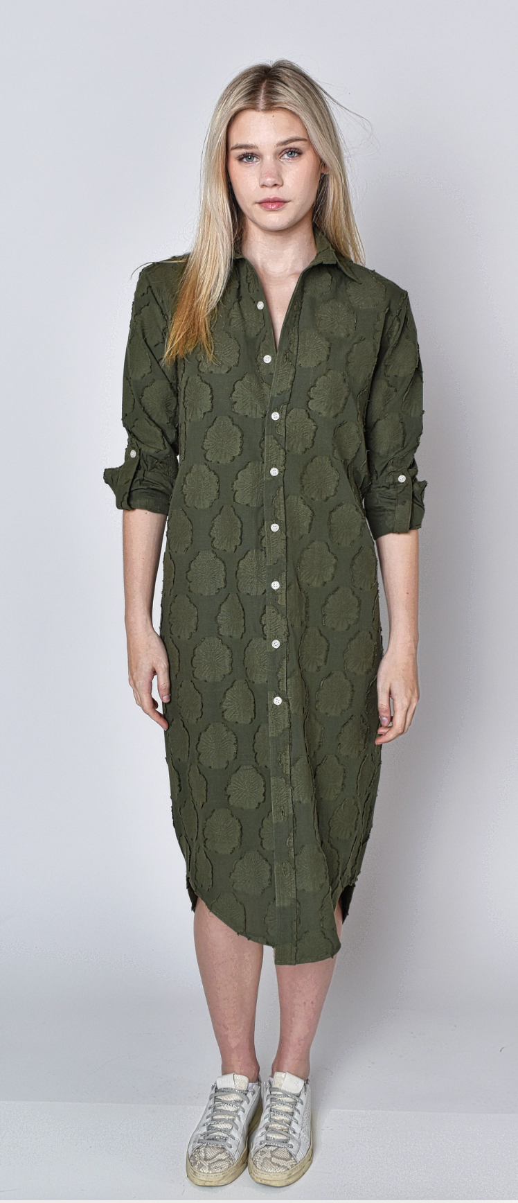 GREEN COTTON FLOWERS GIRLFRIEND MIDI DRESS