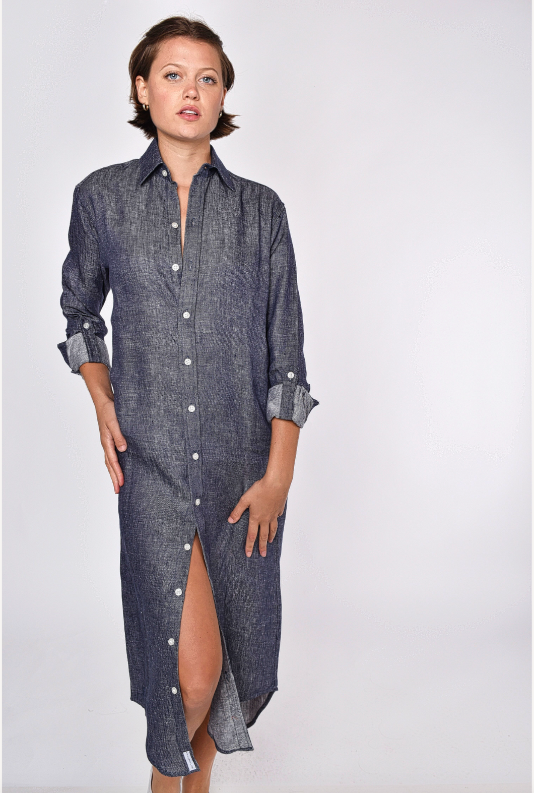 DENIM LINEN GIRLFRIEND MIDI DRESS