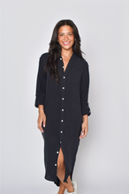 BLACK WASHED LINEN GIRLFRIEND MIDI DRESS