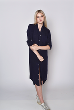 NAVY WASHED LINEN GIRLFRIEND MIDI DRESS