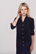 NAVY WASHED LINEN GIRLFRIEND MIDI DRESS