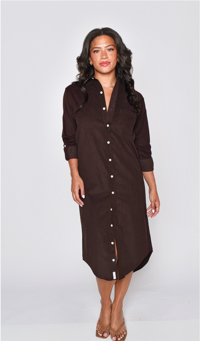 CHOCOLATE BABYCORD GIRLFRIEND MIDI DRESS