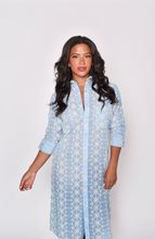 BLUE / CREAM COTTON EMBROIDERY GIRLFRIEND MIDI DRESS