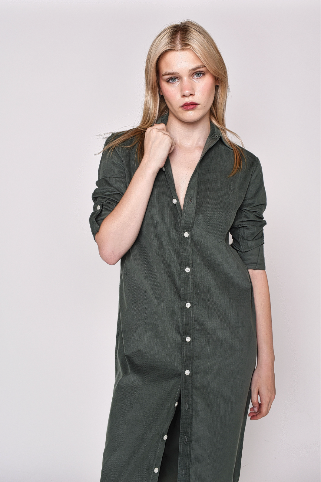 FORREST GREEN BABY CORD GIRLFRIEND MIDI DRESS